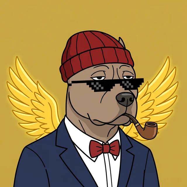 Dog-Bird with golden wings, pixel glasses, a suit and a red beanie