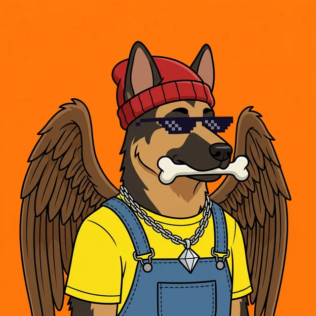 German Shepherd Dog-Bird in Overalls, with Eagle Wings